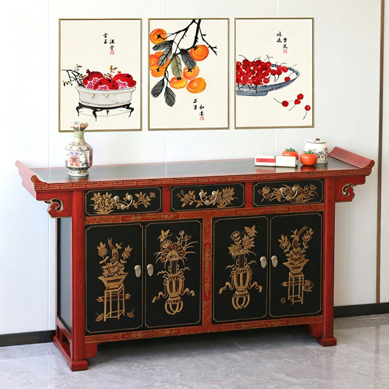 Armoire d'entrée antique de style chinois, Black / Red, Black, Red