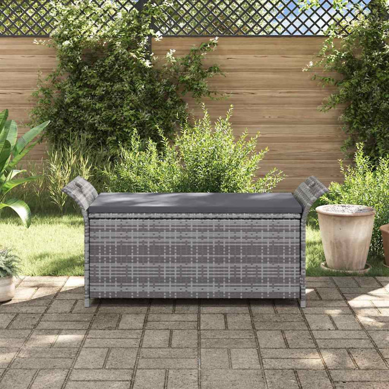 Banc de rangement en rotin PE gris de 138 cm (54,3 pouces), coussin foncé, structure en acier, revêtement imperméable, pour terrasse extérieure
