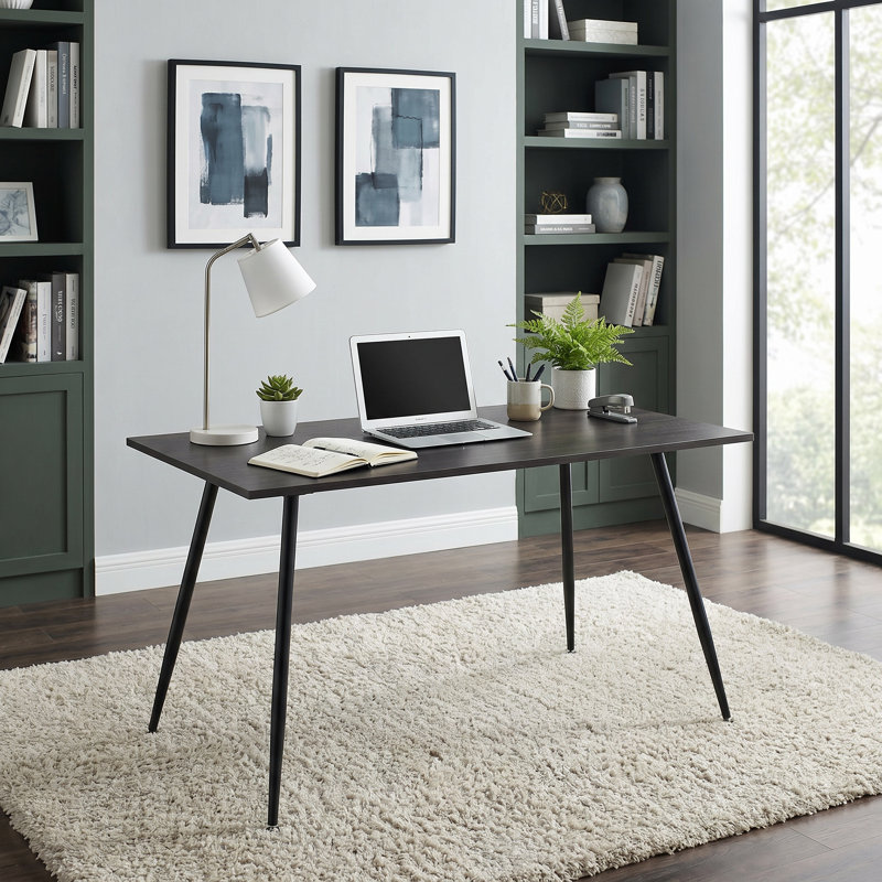 51.18" Modern Coffee-Black Wood Grain Office Desk With Black Metal Frame Spacious Work Surface For Home Office