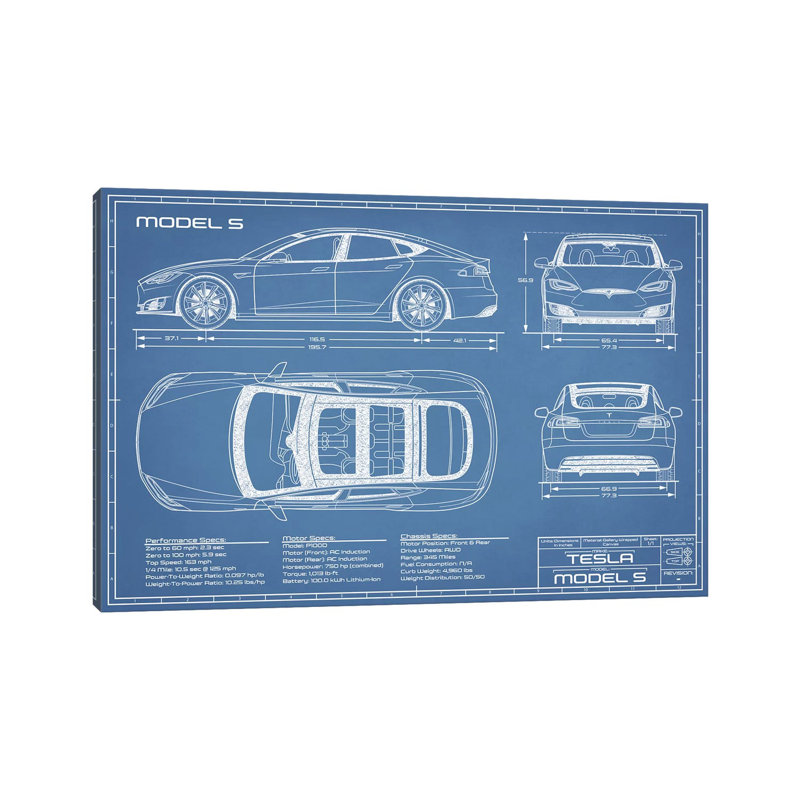 Modèle Tesla S (2016-2020) Blueprint-impression de dessin, Toile tendue, Pas de tapis, H 26 po x l 40 po x 1,5 po