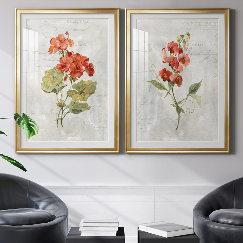 " Linen Geranium " 2 - Pieces, 26.5" H x 73" W x 1.5" D, Gold Framed Paper, White