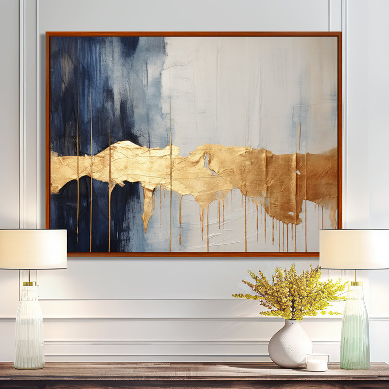 Waves Of Joy Minimal Nova - bleu et or I - peinture abstraite, art mural, H 12 po x l 20 po x P 1 po, Cadre flottant brun