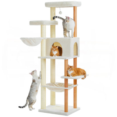 Grand arbre à chat, tour de chat en bois de 73 pouces de haut avec 2 hamacs spacieux, 2 lits à dessus grand, 8 poteaux entièrement grattants et poteaux en bois naturel, arbre à chat multi pour chats d'intérieur Grand Adulte-XL