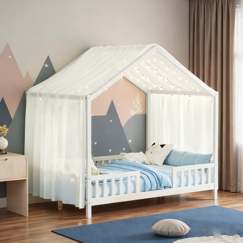 Lit de style maison basse avec rideaux, Simple, Blanc