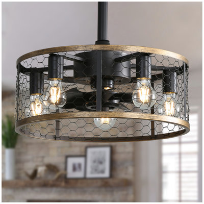 20 Inch Industrial Caged Ceiling Fan With 7-ABS Blades Remote Control, Small Ceiling Fan Reversible DC Motor