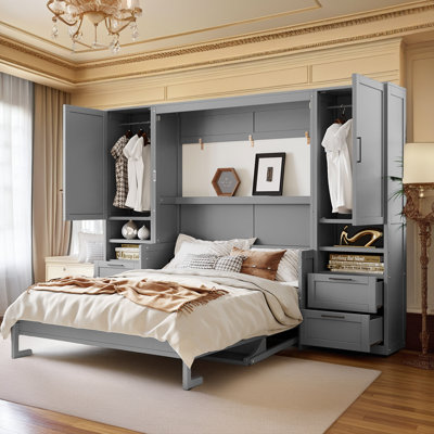 Sereno Queen Size Murphy Bed with Wardrobe, Drawers, and Top Shelf, Wall Bed with Flip Cabinet