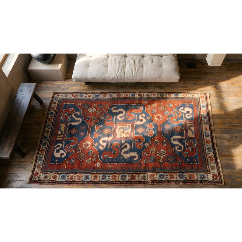 Red and Blue Antique Wool Pile Tribal Caucasian Kazak Rug
