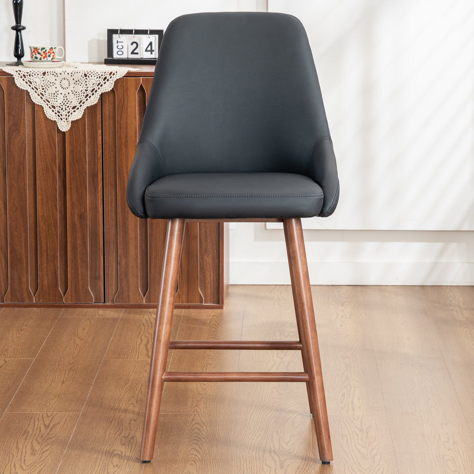 26" Bar Stool, Black Faux Leather