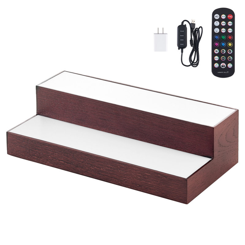 Présentoir à DEL pour bouteilles de spiritueux, support à whisky à 2 niveaux de 16 pouces, support pour USB, tablette de bar pour la maison illuminée avec télécommande HF et contrôle des applications, 7 couleurs statiques, tablette en acrylique + bois pour 8 bouteilles