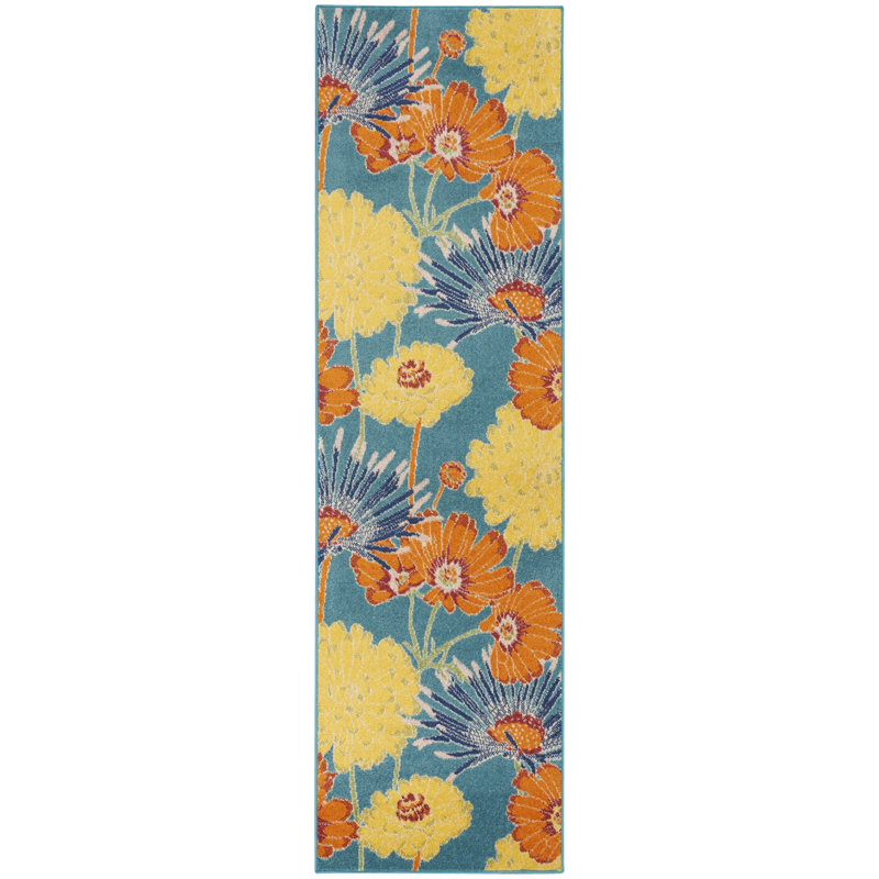 Tapis traditionnel turquoise Lakenya, Tapis de couloir 2 pi 3 po x 7 pi 6 po