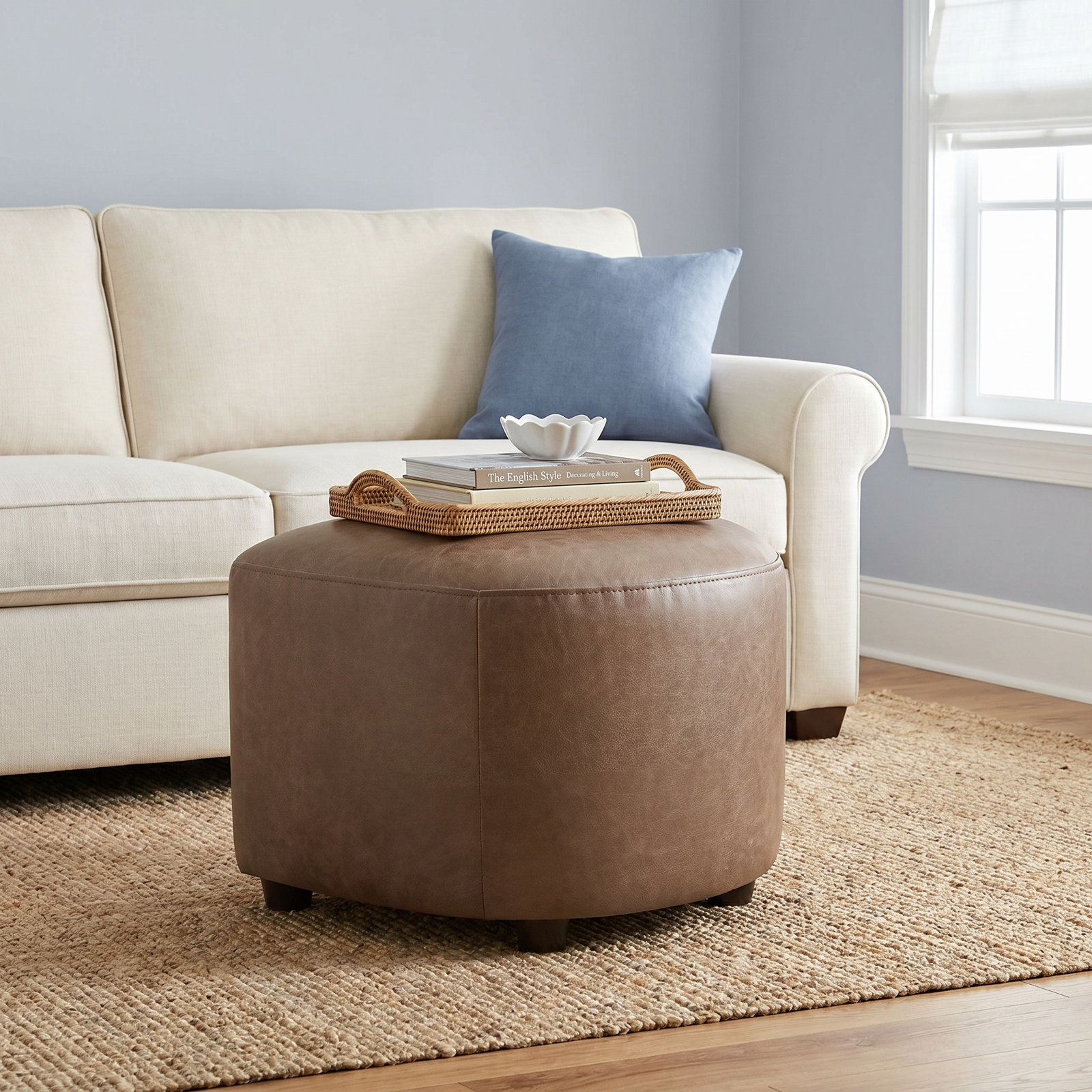 Bobbi 22" Genuine Leather Ottoman, Tan