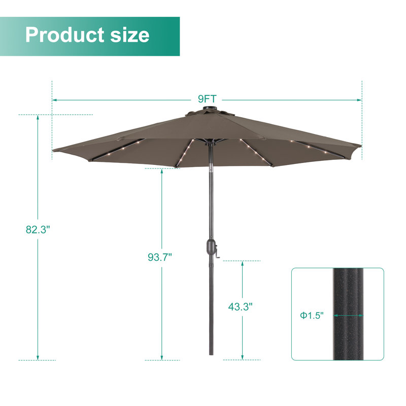 Parasol de patio 9 pi DEL, cadre de marché avec cadre en métal robuste à 8 nervures, Taupe