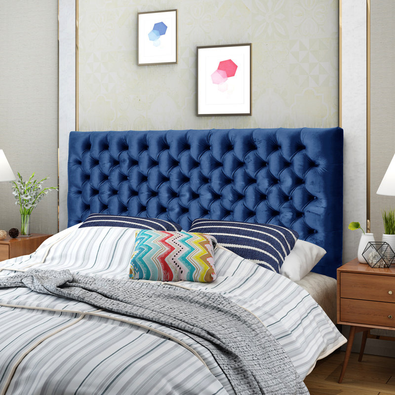 Tête de lit pour grand lit en velours bleu marine, tissu d'ameublement à point losangé, tête de lit réglable et contemporaine en velours, lit, style moderne
