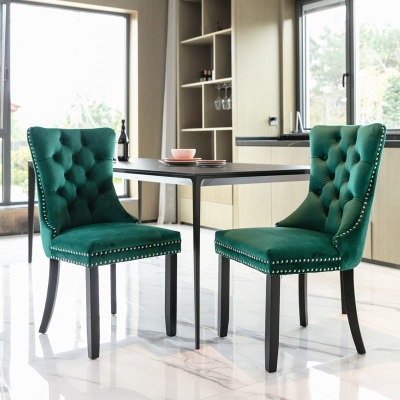 Allena Tufted Chairs Upholstered Chairs with Solid Wood Frame Nailhead Back and Ring Pull Trim , Black, Velvet Green, 2