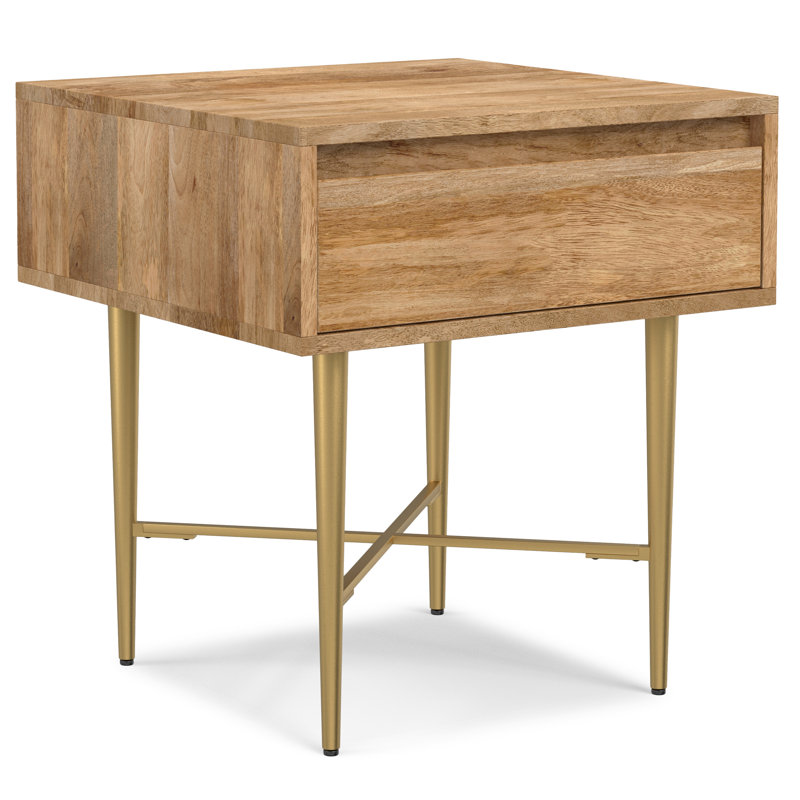 Natural Mango Wood Square End Table with Gold Metal Legs and Drawer