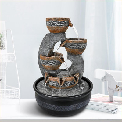 Fontaines | Fontaine de table d'intérieur 15,7 ", pompe silencieuse à DEL, pour bureau, étagère de bureau, salon, chambre à coucher | Résine | Gris foncé