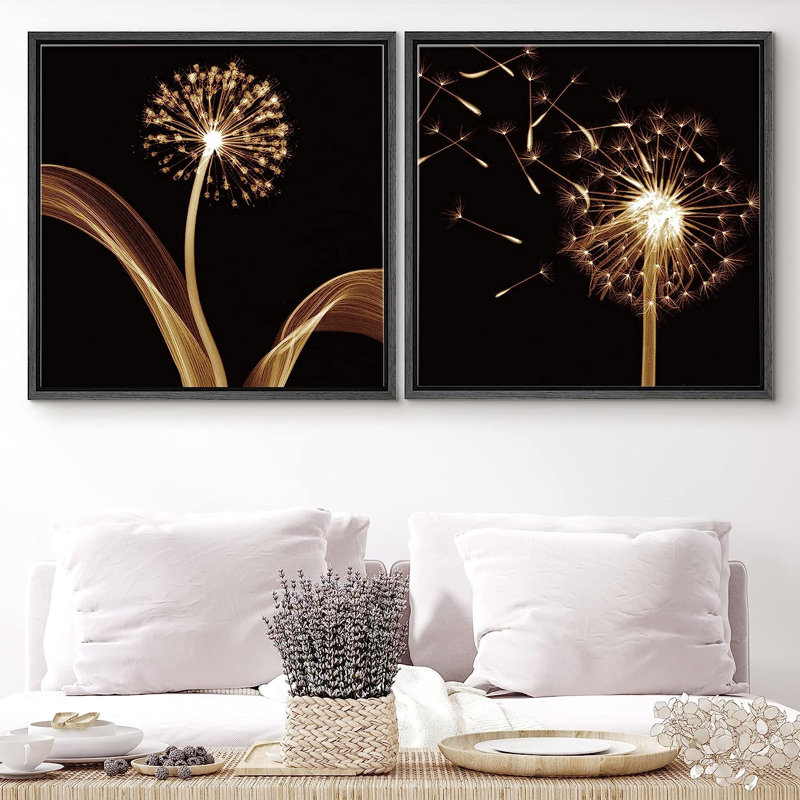 Golden Dandelion CloseUps, reproduction encadrée sur toile, 2 pièces, Noir, H 16 po x l 32 po x P 1,5 po