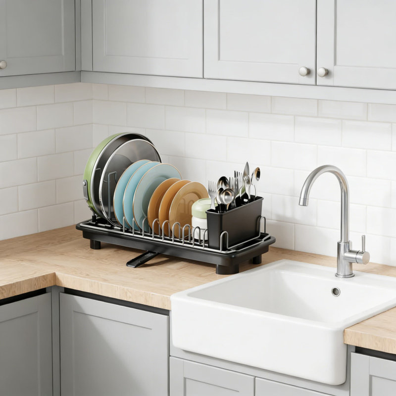 Séchoir à vaisselle compact pour petits espaces, égouttoir réglable avec drainage efficace de l'eau, organisateur de comptoir de cuisine peu encombrant