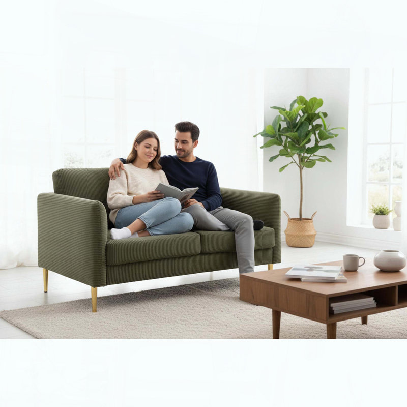 Causeuse compacte Mid-Century avec coussins en velours côtelé moelleux et structure en bois massif, Green Polyester