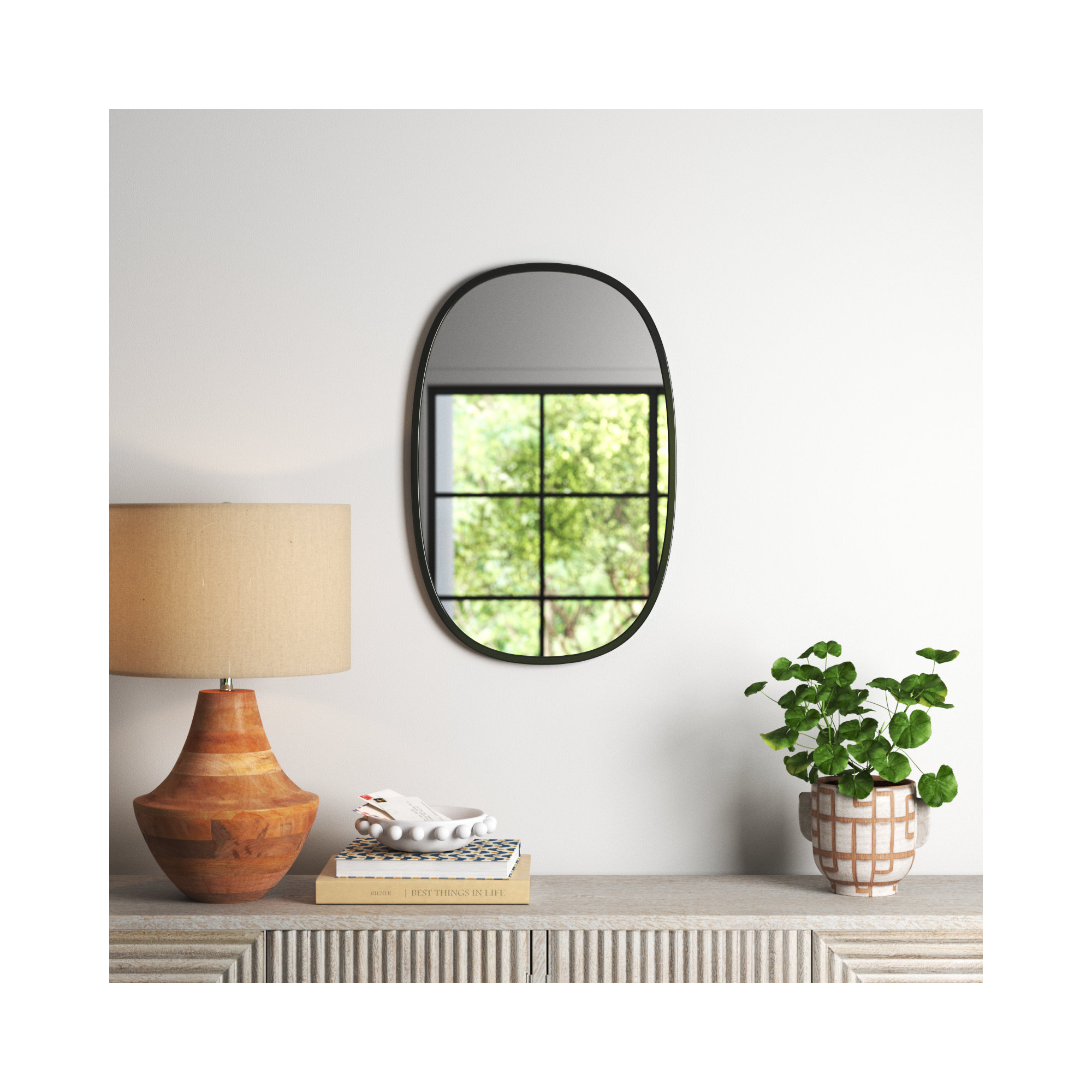 Sabine Metal Curved Oval Wall Mirror, 30" x 20", Black
