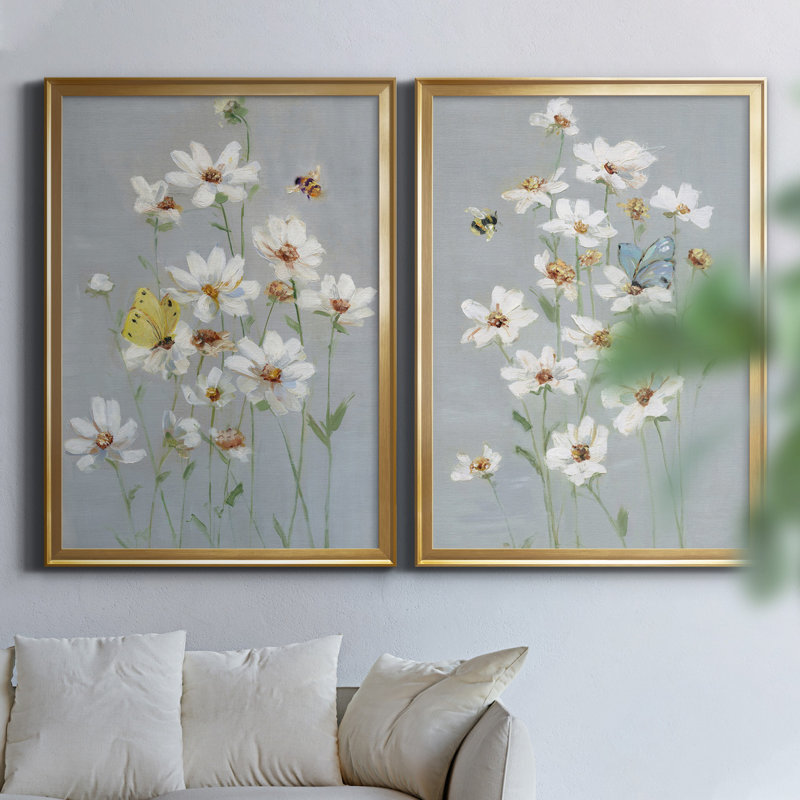 «Gathering Daisies I», ensemble de 2 reproductions d'art, H 26,5 po x l 73 po x P 1,5 po, Toile encadrée dorée, Pas de tapis