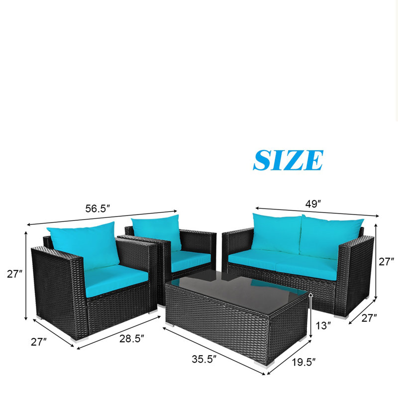 8 pièces Ensemble de conversation pour l'extérieur en rotin avec coussins turquoise, Bleu