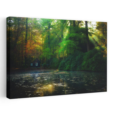 Cozy Lake Cottage, art contemporain abstrait forêt d'automne