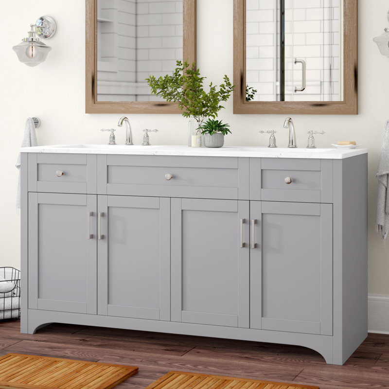 Moore 60'' Double Bathroom Vanity with Engineered Marble Top, Gray