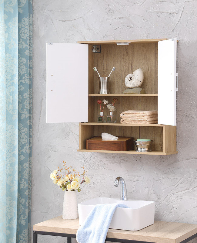 White And Natural Wood Double - Door Bathroom Wall Cabinet With Wavy Doors, Adjustable Shelf, Bottom Quick Installation For Minimalist Decor Design, Effortless Setup Organization