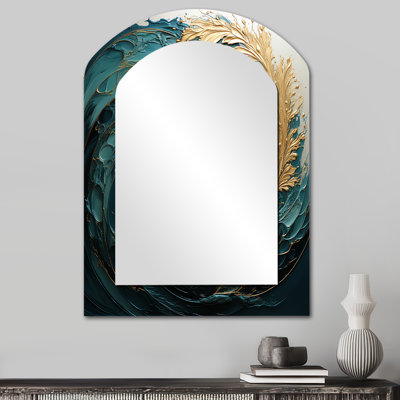 Or bleu sarcelle spirale océan V - abstrait spirales murales asymétriques, miroir décoratif arqué doré, impression d'art en métal