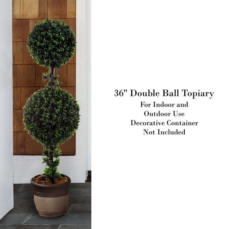 36-Inch Double Ball Podocarpus Faux Plant in Gray Plastic Pot