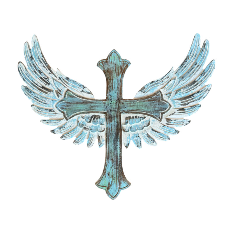 Ailes d'ange Uriel croix murale blanc antique vert-de-gris