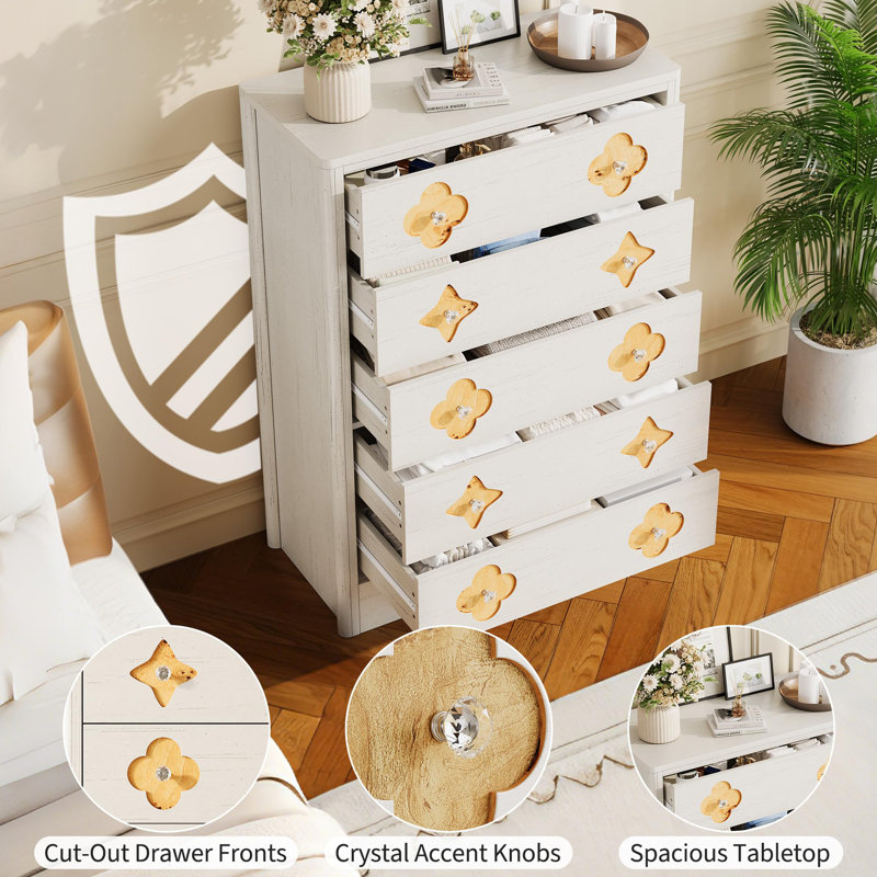 46.1" Tall 5 Drawer Wood Dresser with Decorative Fronts & Crystal Knobs, Narrow Storage Chest, White