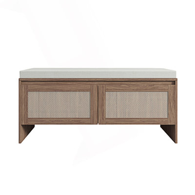 Storage Bench With Cushion, Faux Rattan Shoe Cabinet With 2 Doors