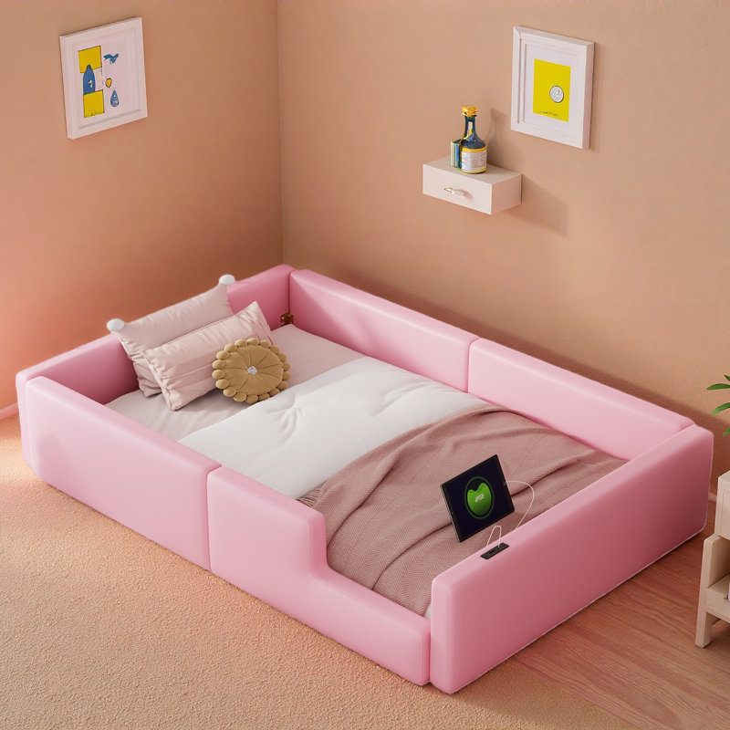 Lit plateforme tapissier avec garde-corps et station de charge, Rose