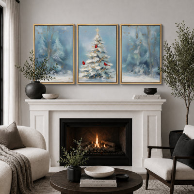 Tableau Forêt de Sapins de Noël Bleus, Décoration de Salon, Impression Giclée sur Toile Encadrée, 3 pièces - 40,6 x 61 cm (3 pièces), 61 x 91,4 cm (3 pièces)