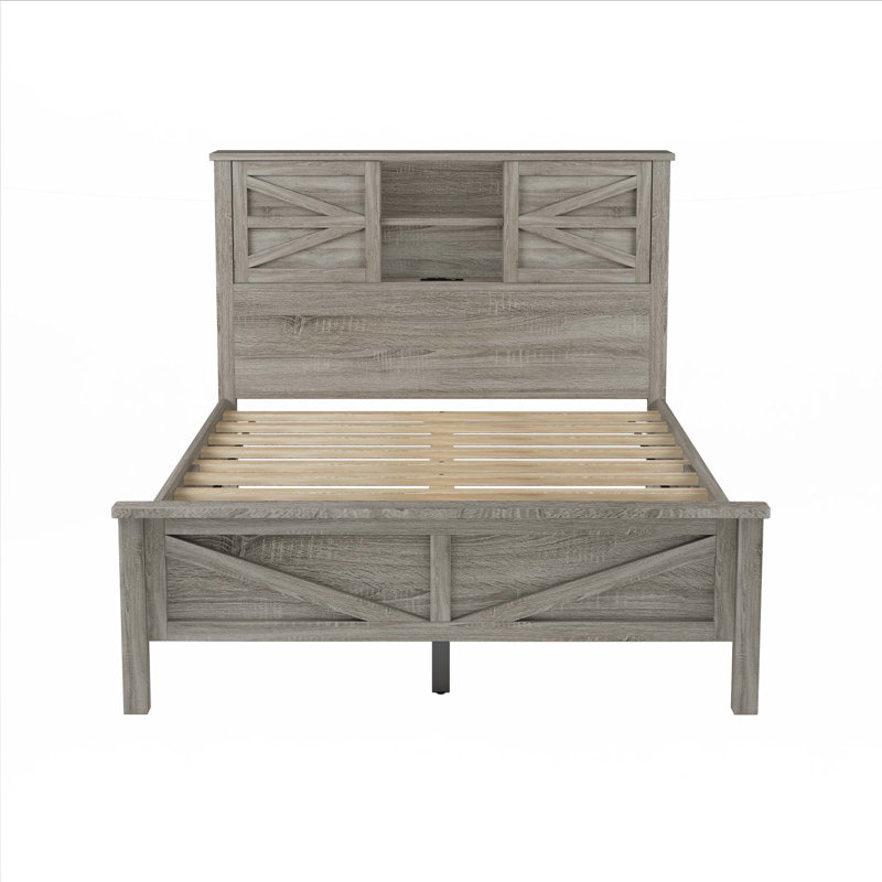 Lit plateforme Farmhouse avec porte de grange coulissante double, Gris antique, Double