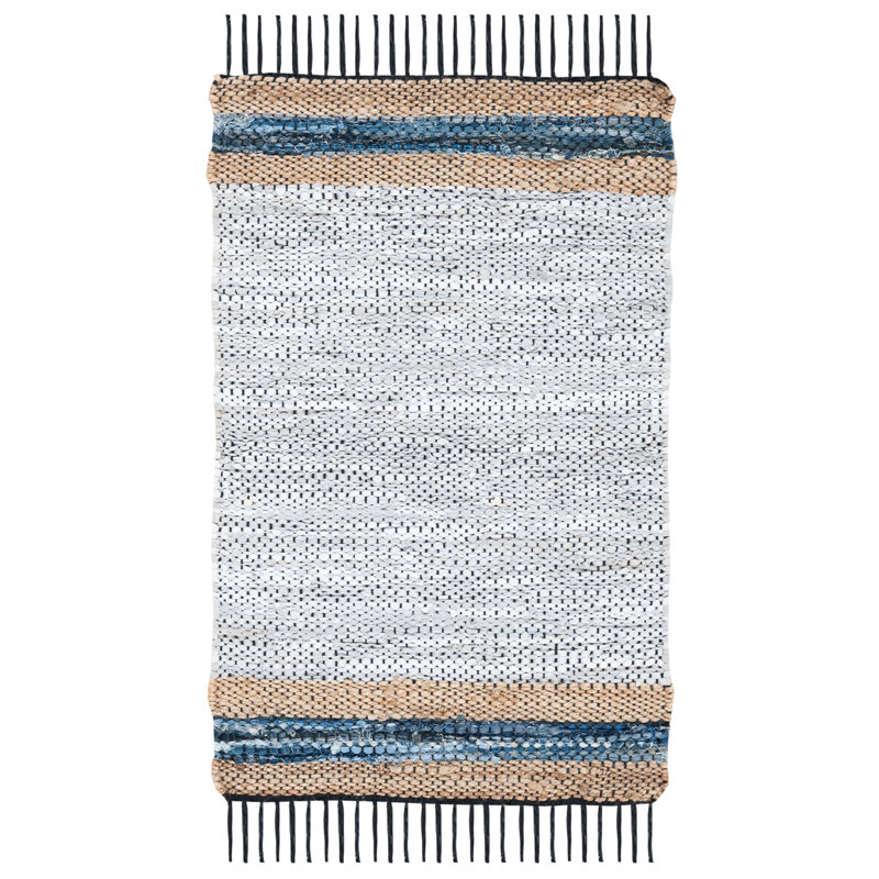 Vintage Leather Hand Woven Leather/Jute/Cotton Rug in Beige/Gray/Blue, Rectangle 2' x 3'
