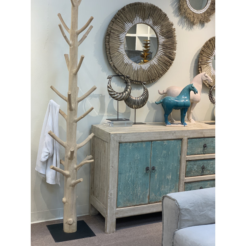 Lily's Living Mangosteen Tree Floor Coat Rack W/Iron Stand, 80 Inch Tall, Natural Wood And Black