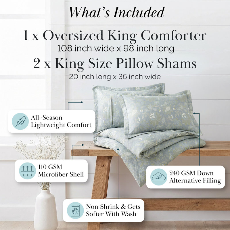 Infinite Blossom Blue Oversized Microfiber Comforter Set with matching shams Easy care