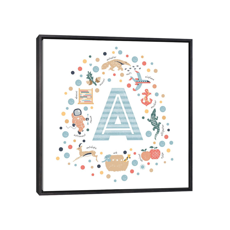 Lettre illustrée A bleue - impression, Pas de tapis, Toile avec cadre noir patiné, H 26 po x l 26 po x P 1,5 po