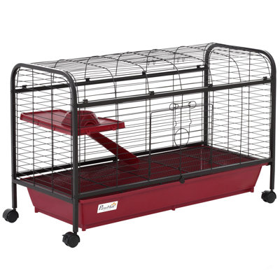 Pawhut 41"L Small Animal Cage Rabbit Hutch Ferret Pet Play House With Feeder, Rolling Wheels, Platform, Ramp