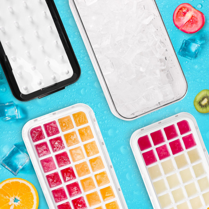 Bacs à glaçons pour congélateur avec couvercle et bac, bac à glaçons pour faire 64 cubes de glace, pression facile pour libérer la glace, bac à glaçons avec bac de rangement, bar à whisky, 2 plateaux, 1 seau à glace et cuillère (noir)