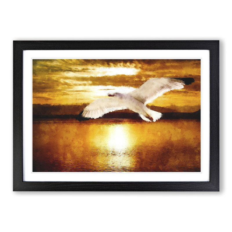 Seagull and Orange Sunset Vol.1 - Picture Frame Graphic Art, Black Framed, 48cm H x 65cm W x 2cm D