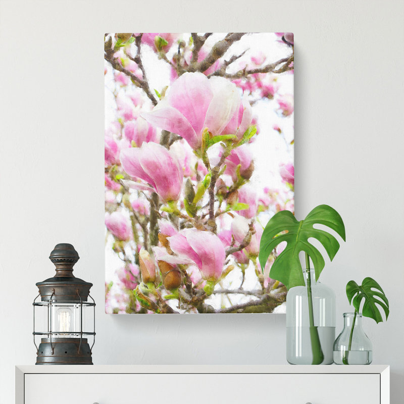 Pink Magnolia Blossom Flowers - Wrapped Canvas, 60cm H x 40cm W x 3cm D