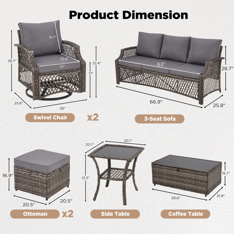 7 Piece Patio Furniture Set, Wicker Outdoor Conversation Sofa Set With Swivel Chairs, 2 Ottomans, Storage Coffee Table, Gray