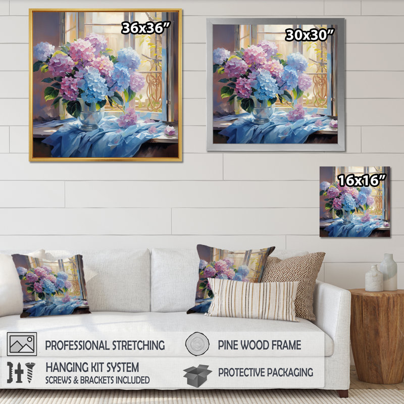Nature morte vase hortensia bouquet pastel doux sur toile, H 24 po x l 24 po x P 1 po, Cadre simple noir