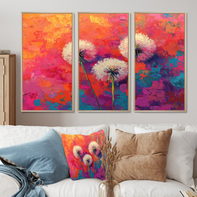 Neon Dandelion Burst in Bright Neon Pop Art II - Art mural pissenlit - ensemble de 3