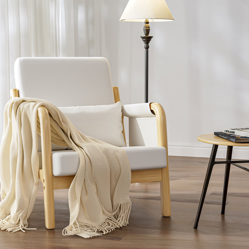 Armchair Accent Living Room Chair, Wooden Upholstered Single Sofa with Thick Cushion and Wide Seat, Modern Leisure Cozy Reading Chair with Side Pocket For Bedroom Balcony Office, Beige, Cheboygan Accent