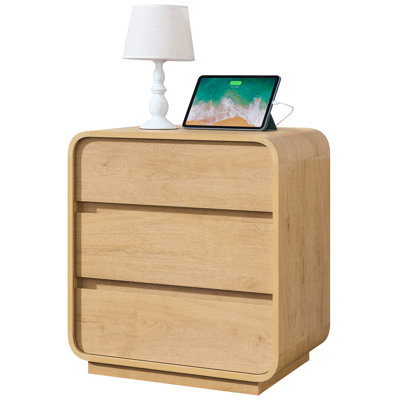 Natural Wood End Table, 25" Tall Nightstand With Charging Station & 3 Drawers, Curved Side Table